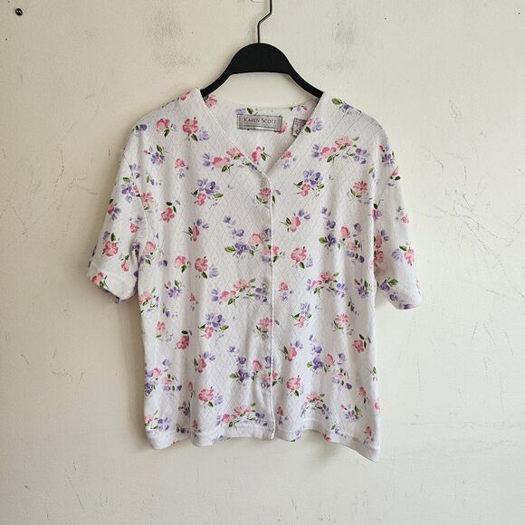 Vintage Karen Scott Floral Cardigan Sweater Women’s Size M  Pink floral cottage - Picture 1 of 7